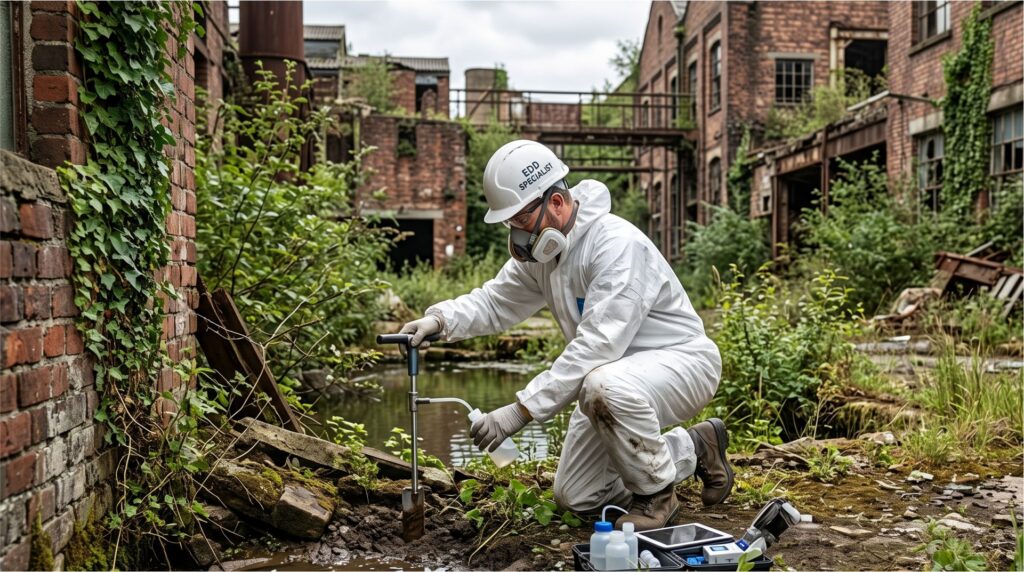 Odborník vykonáva environmentálny audit EDD pred kúpou starého brownfieldu
