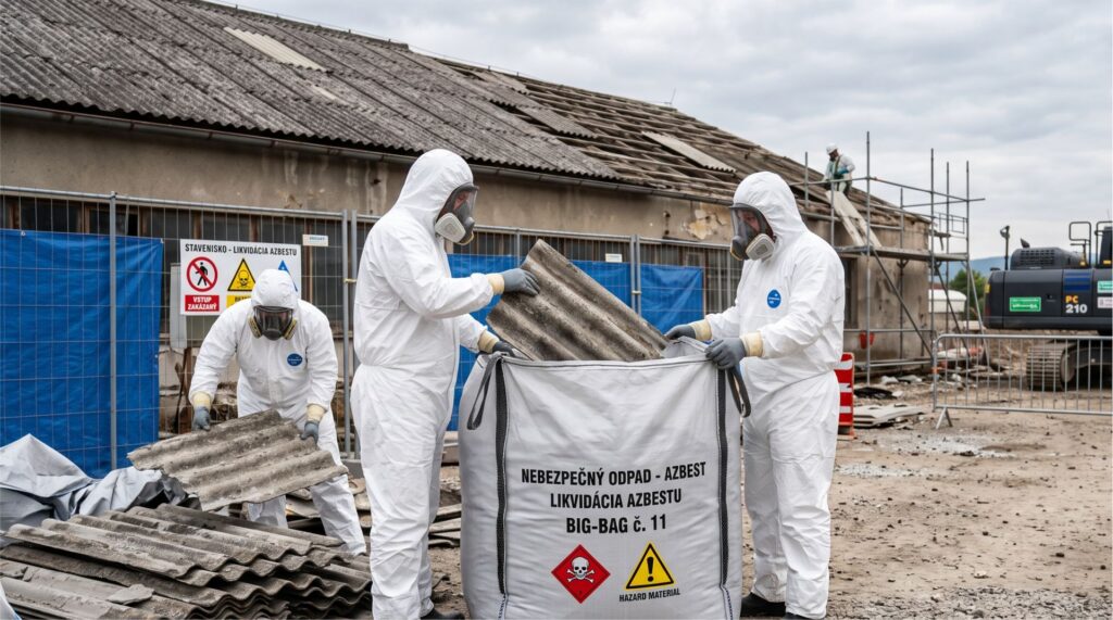Pracovníci v ochranných oblekoch vykonávajú bezpečnú likvidáciu azbestu a nebezpečných odpadov