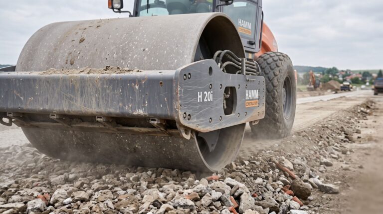 Vibračný valec udupáva drvený betón a kvalitný stavebný recyklát