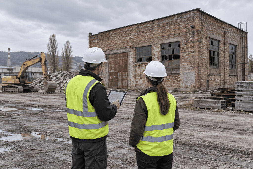 cena demolácie budovy - Dvaja odborníci pri obhliadke starej tehlovej budovy pred demoláciou.