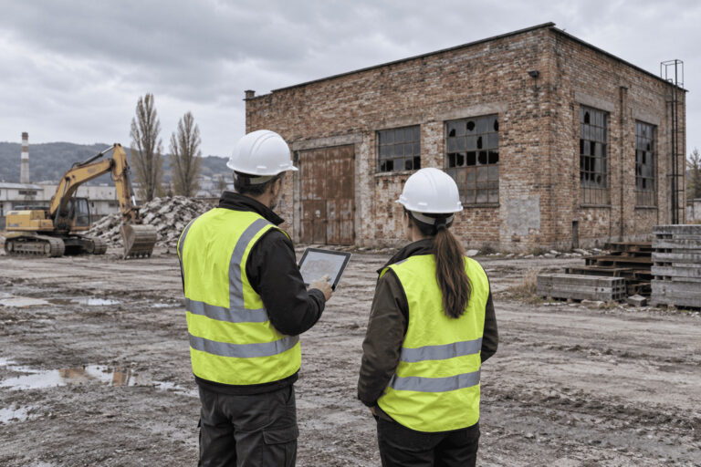 cena demolácie budovy - Dvaja odborníci pri obhliadke starej tehlovej budovy pred demoláciou.