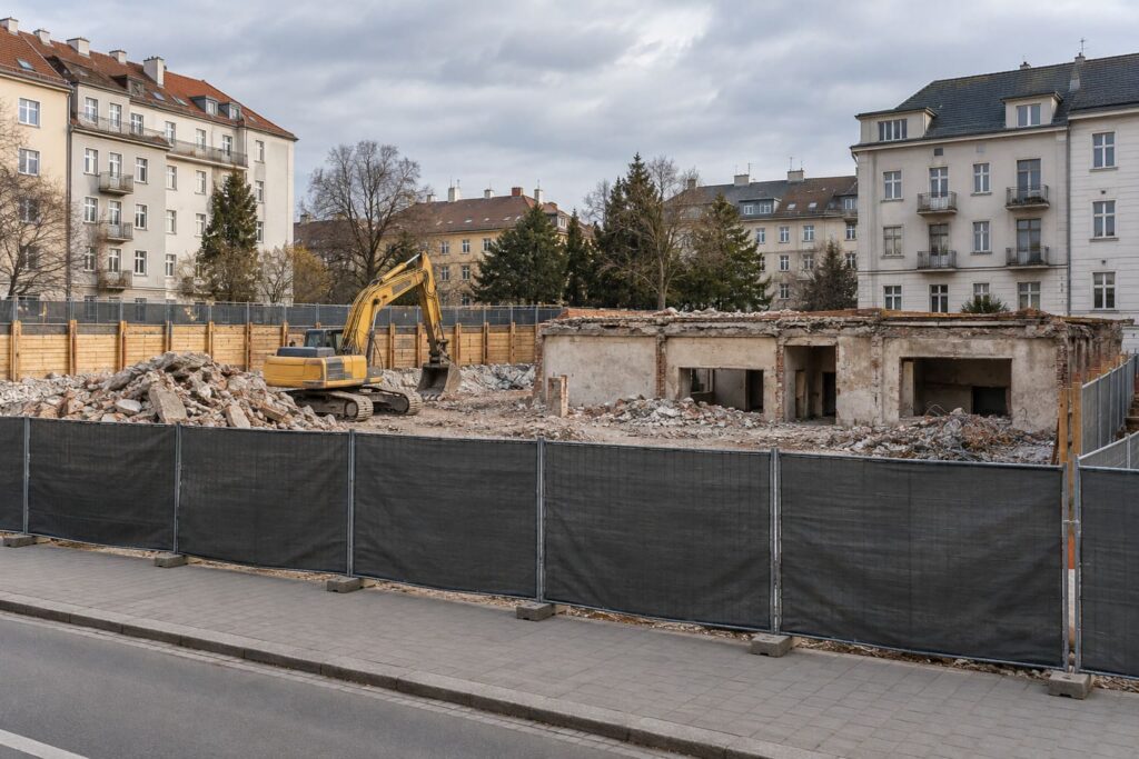 Oplotené demolačné pracovisko s bagrom a susednými mestskými budovami.