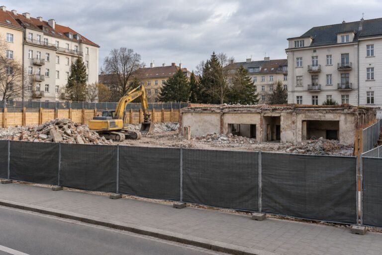 Oplotené demolačné pracovisko s bagrom a susednými mestskými budovami.